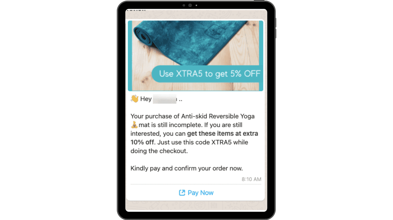 An example of a WhatsApp abandoned cart message.