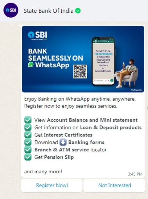 SBI promoting its feature on WhatsApp to retain users.