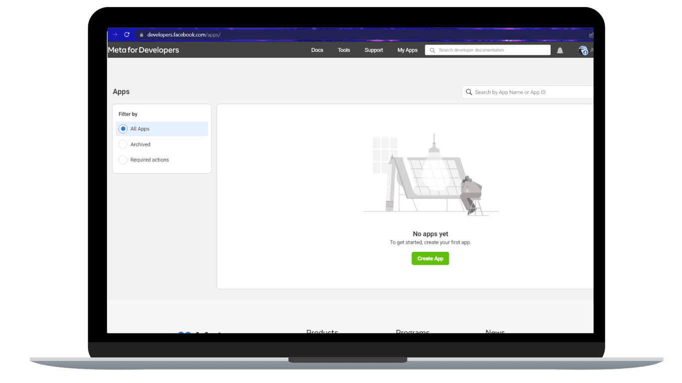 Apps page in Meta for Developers to create apps.
