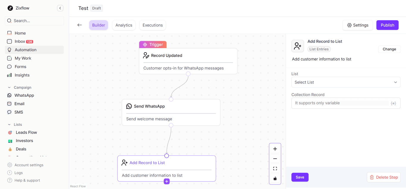 Zixflow Flow editor in Zixflow to help you automate your WhatsApp communications.