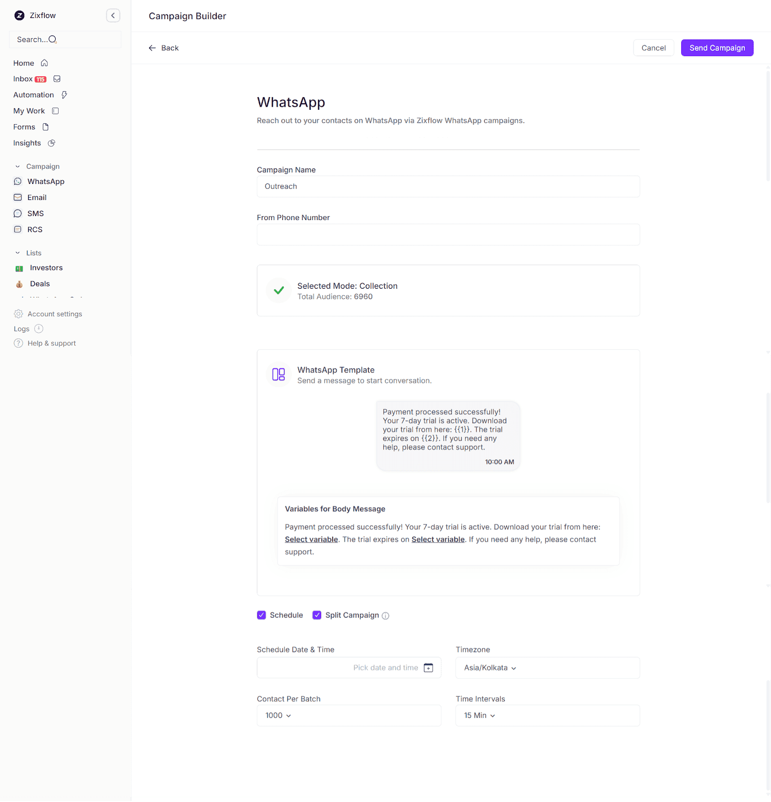 Zixflow WhatsApp campaign builder.
