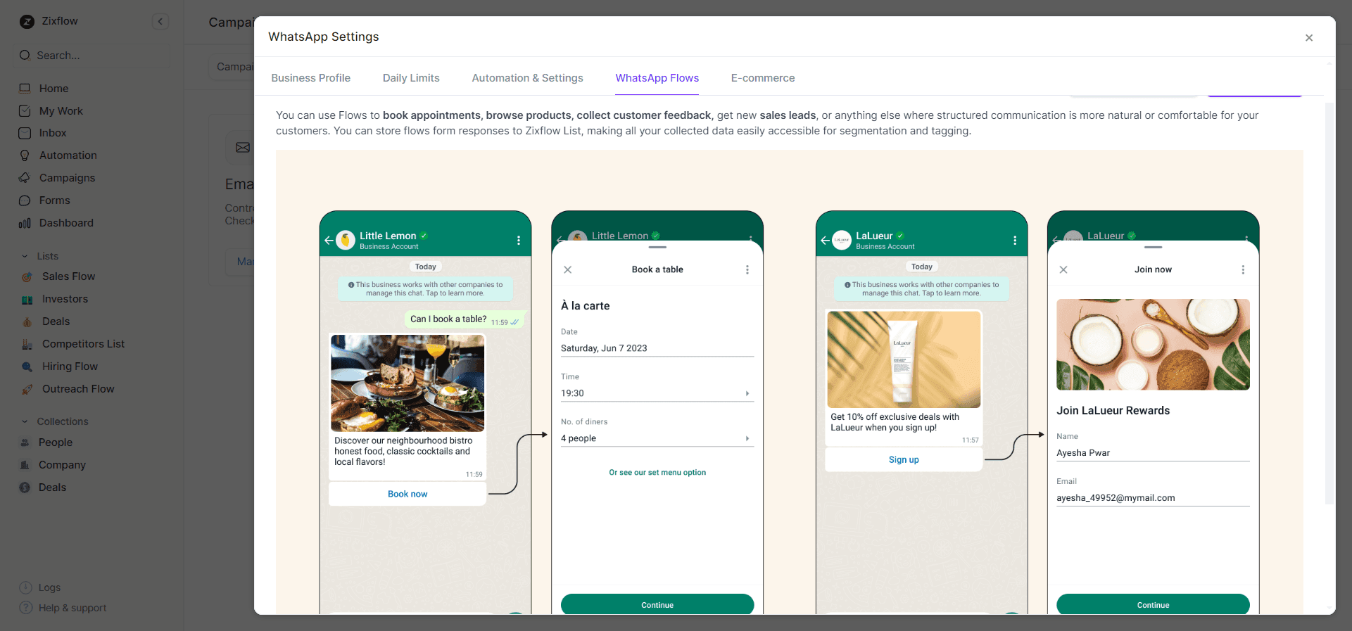 WhatsApp product catalog integration within Zixflow.